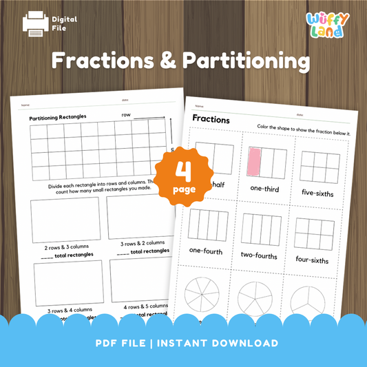 Two printable math worksheets titled “Fractions & Partitioning” displayed on a wood background. The first worksheet, “Partitioning Rectangles,” shows grids and blank boxes for dividing rectangles into rows and columns. The second worksheet, “Fractions,” has shapes for coloring to represent fractions like one-half, one-third, and one-fourth, with one shape partially colored pink.
