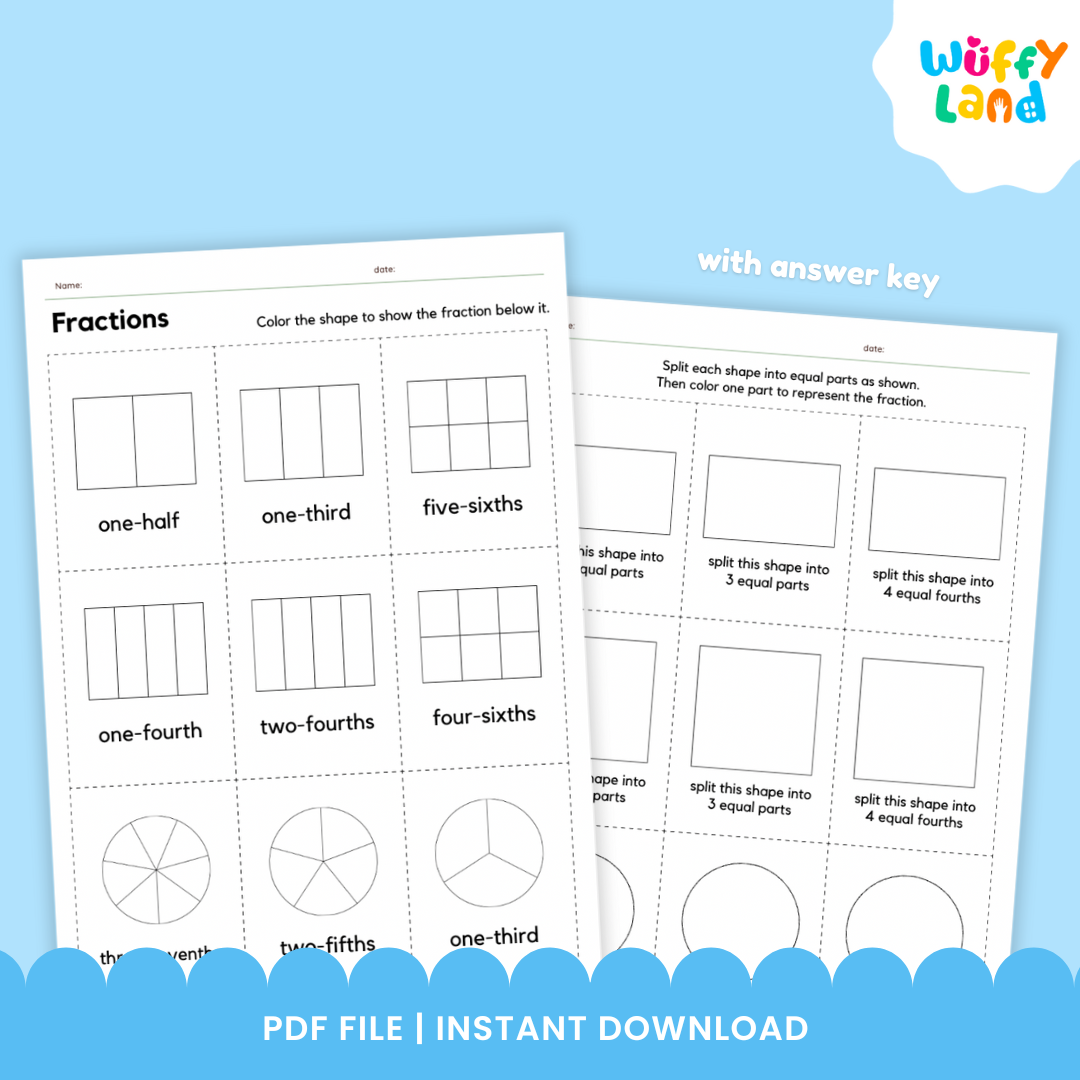 Two printable math worksheets titled “Fractions & Partitioning” displayed on a wood background. The first worksheet, “Partitioning Rectangles,” shows grids and blank boxes for dividing rectangles into rows and columns. The second worksheet, “Fractions,” has shapes for coloring to represent fractions like one-half, one-third, and one-fourth, with one shape partially colored pink.