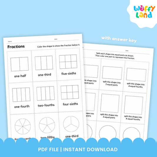 Two printable math worksheets titled “Fractions & Partitioning” displayed on a wood background. The first worksheet, “Partitioning Rectangles,” shows grids and blank boxes for dividing rectangles into rows and columns. The second worksheet, “Fractions,” has shapes for coloring to represent fractions like one-half, one-third, and one-fourth, with one shape partially colored pink.