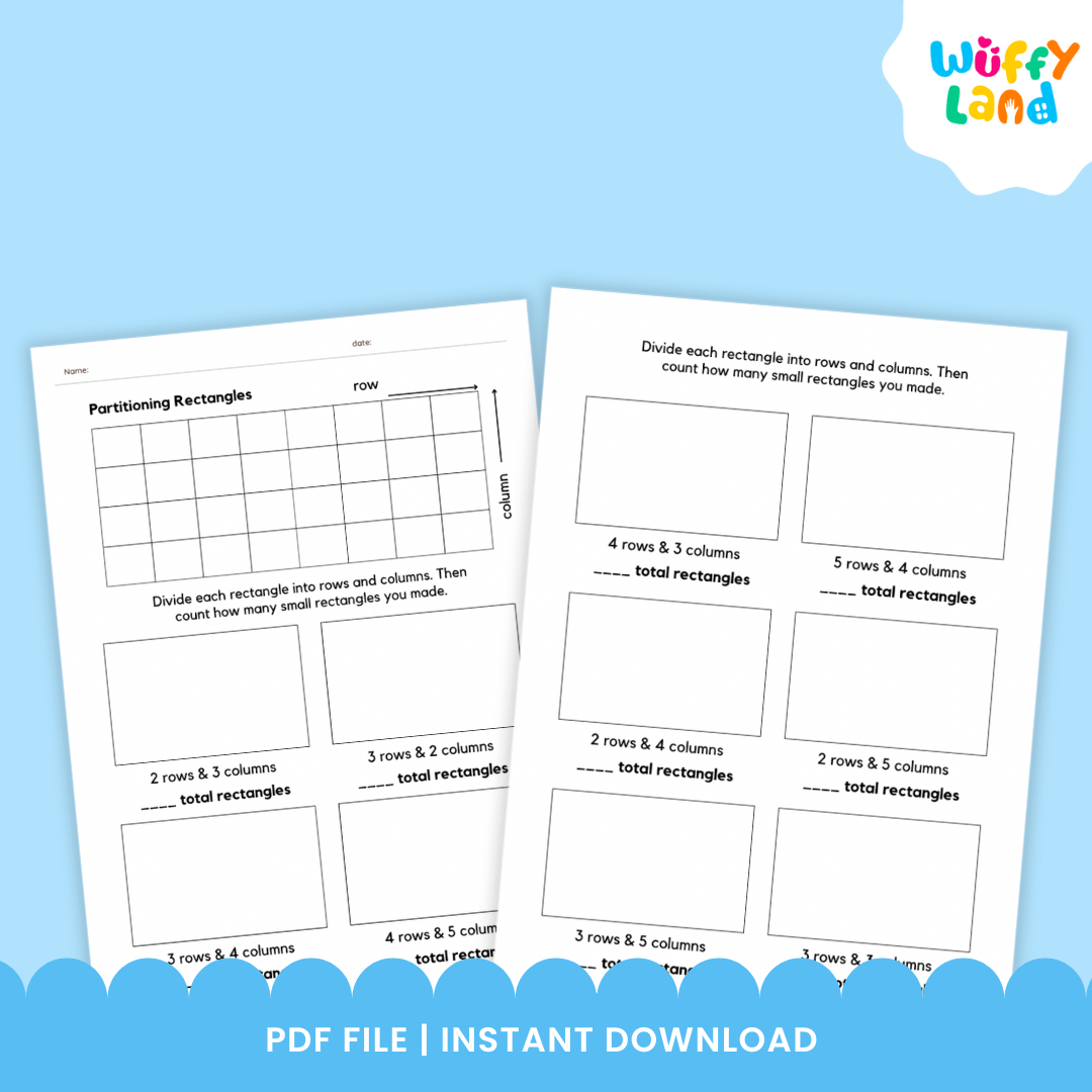 Two printable math worksheets titled “Fractions & Partitioning” displayed on a wood background. The first worksheet, “Partitioning Rectangles,” shows grids and blank boxes for dividing rectangles into rows and columns. The second worksheet, “Fractions,” has shapes for coloring to represent fractions like one-half, one-third, and one-fourth, with one shape partially colored pink.