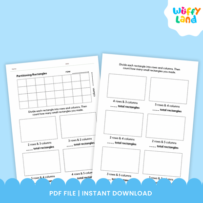 Two printable math worksheets titled “Fractions & Partitioning” displayed on a wood background. The first worksheet, “Partitioning Rectangles,” shows grids and blank boxes for dividing rectangles into rows and columns. The second worksheet, “Fractions,” has shapes for coloring to represent fractions like one-half, one-third, and one-fourth, with one shape partially colored pink.