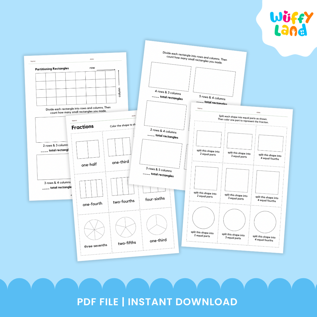 Two printable math worksheets titled “Fractions & Partitioning” displayed on a wood background. The first worksheet, “Partitioning Rectangles,” shows grids and blank boxes for dividing rectangles into rows and columns. The second worksheet, “Fractions,” has shapes for coloring to represent fractions like one-half, one-third, and one-fourth, with one shape partially colored pink.