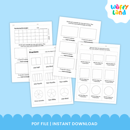 Two printable math worksheets titled “Fractions & Partitioning” displayed on a wood background. The first worksheet, “Partitioning Rectangles,” shows grids and blank boxes for dividing rectangles into rows and columns. The second worksheet, “Fractions,” has shapes for coloring to represent fractions like one-half, one-third, and one-fourth, with one shape partially colored pink.