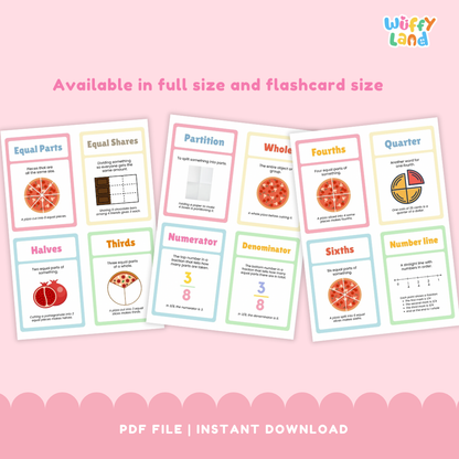 Close-up view of colorful fraction vocabulary flashcards showing examples like fourths with a pizza illustration, equal shares with chocolate bars, a number line with fractional marks, and a “greater than” comparison between fractions 3/4 and 1/2.
