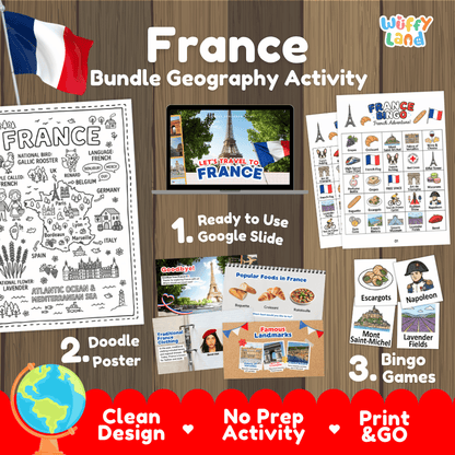 Complete France geography activity bundle featuring Google Slides, doodle coloring poster, and classroom bingo games 🇫🇷🎒