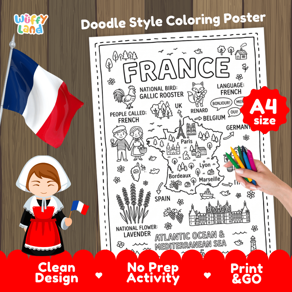 France country study doodle style coloring poster printable page featuring map, landmarks, and cultural symbols