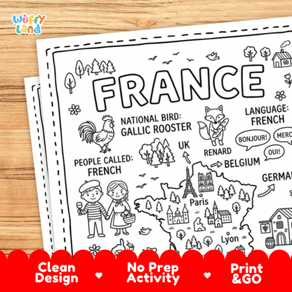 Cultural coloring page featuring traditional French characters, wildlife, and French language greeting speech bubbles
