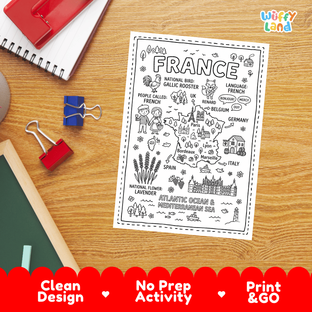 Doodle map coloring sheet showing France's capital city Paris, major cities, surrounding seas, and neighboring European countries