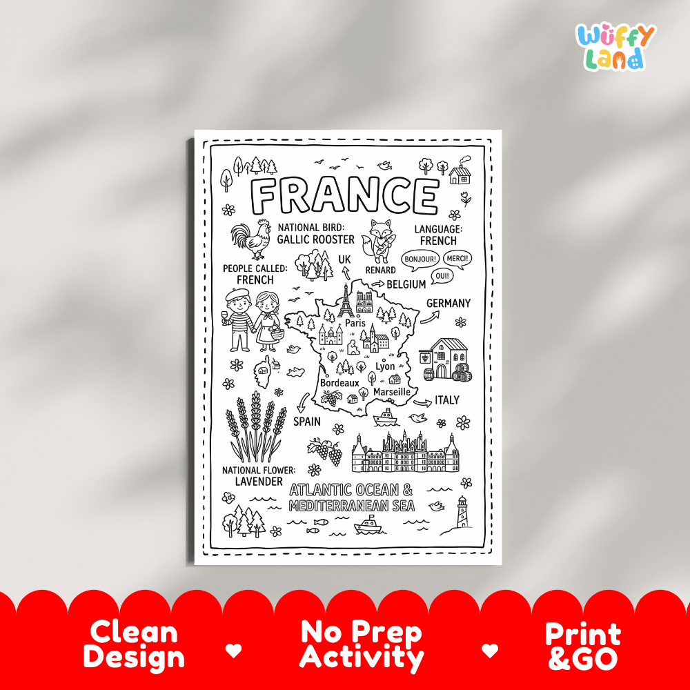 Educational activity coloring page highlighting France's national bird the Gallic Rooster and national flower Lavender
