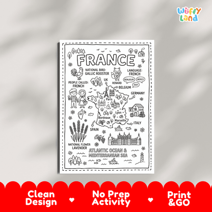 Educational activity coloring page highlighting France's national bird the Gallic Rooster and national flower Lavender