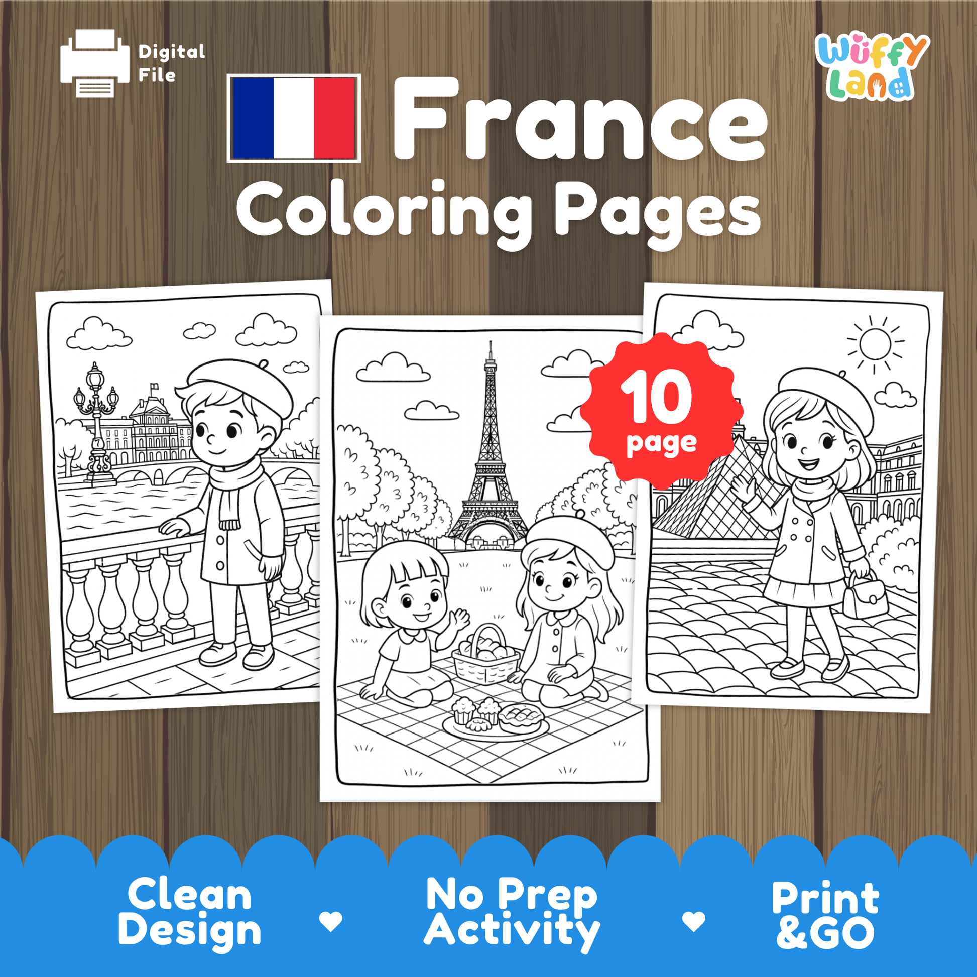Black-and-white printable coloring pages featuring children in Paris, including a boy near a river with historic buildings, two girls having a picnic near the Eiffel Tower, and a girl standing in front of the Louvre pyramid