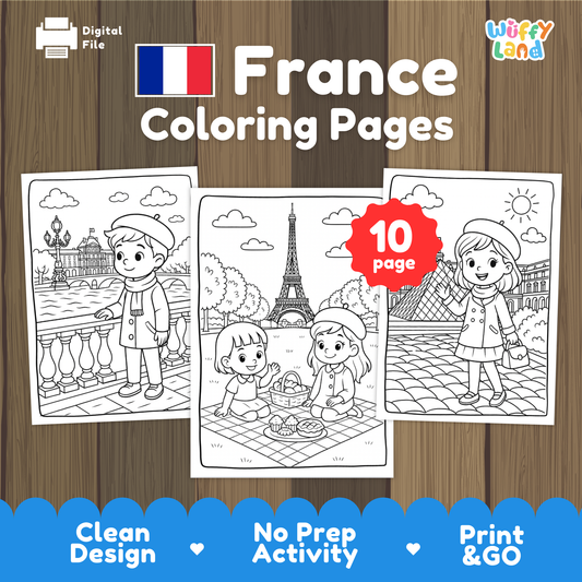 Black-and-white printable coloring pages featuring children in Paris, including a boy near a river with historic buildings, two girls having a picnic near the Eiffel Tower, and a girl standing in front of the Louvre pyramid