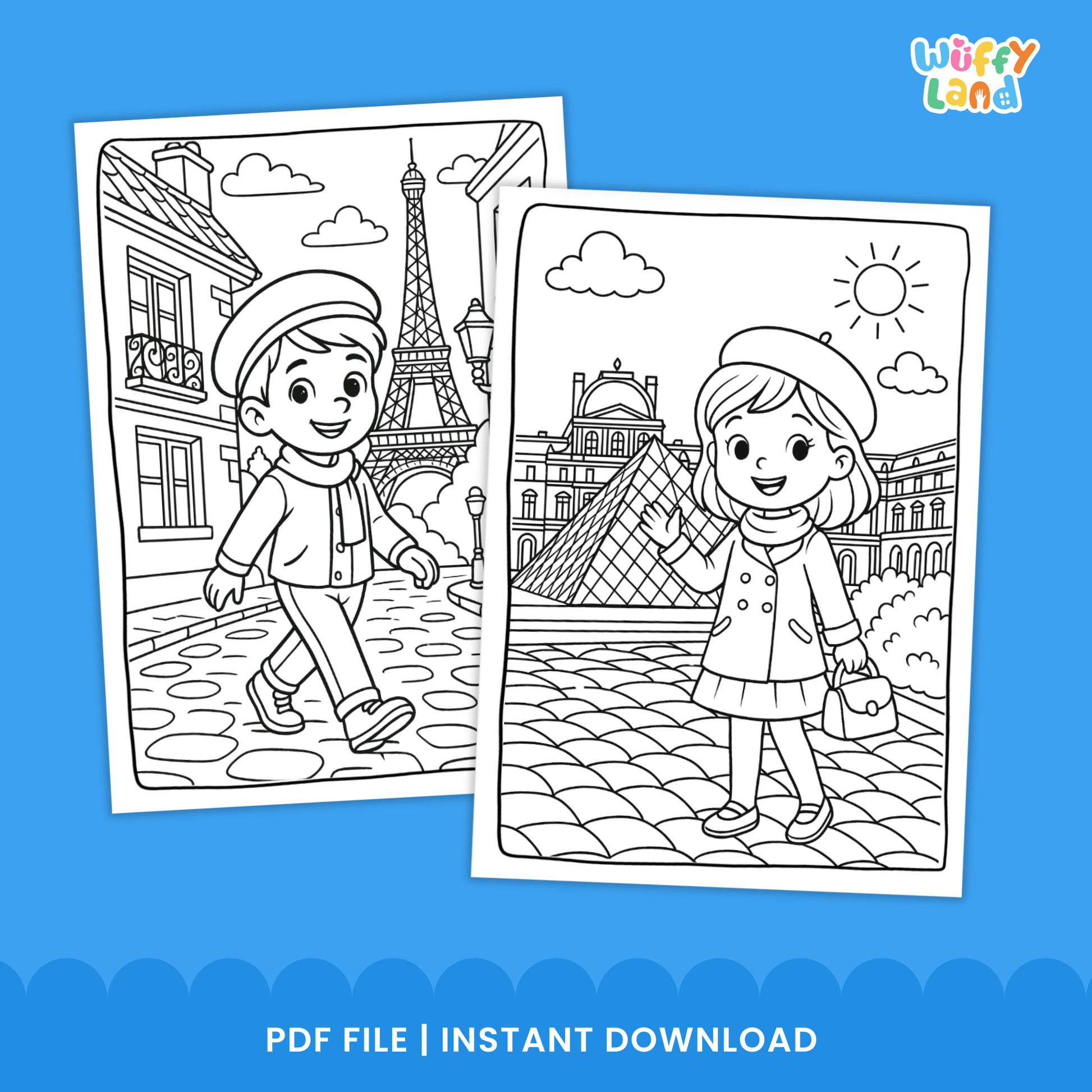Black-and-white printable coloring pages featuring children in Paris, including a boy near a river with historic buildings, two girls having a picnic near the Eiffel Tower, and a girl standing in front of the Louvre pyramid