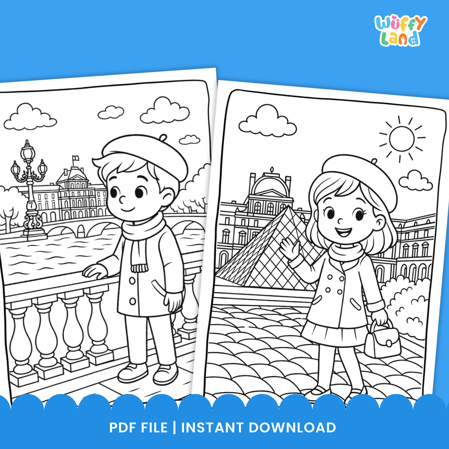 Black-and-white printable coloring pages featuring children in Paris, including a boy near a river with historic buildings, two girls having a picnic near the Eiffel Tower, and a girl standing in front of the Louvre pyramid