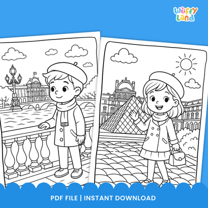 Black-and-white printable coloring pages featuring children in Paris, including a boy near a river with historic buildings, two girls having a picnic near the Eiffel Tower, and a girl standing in front of the Louvre pyramid