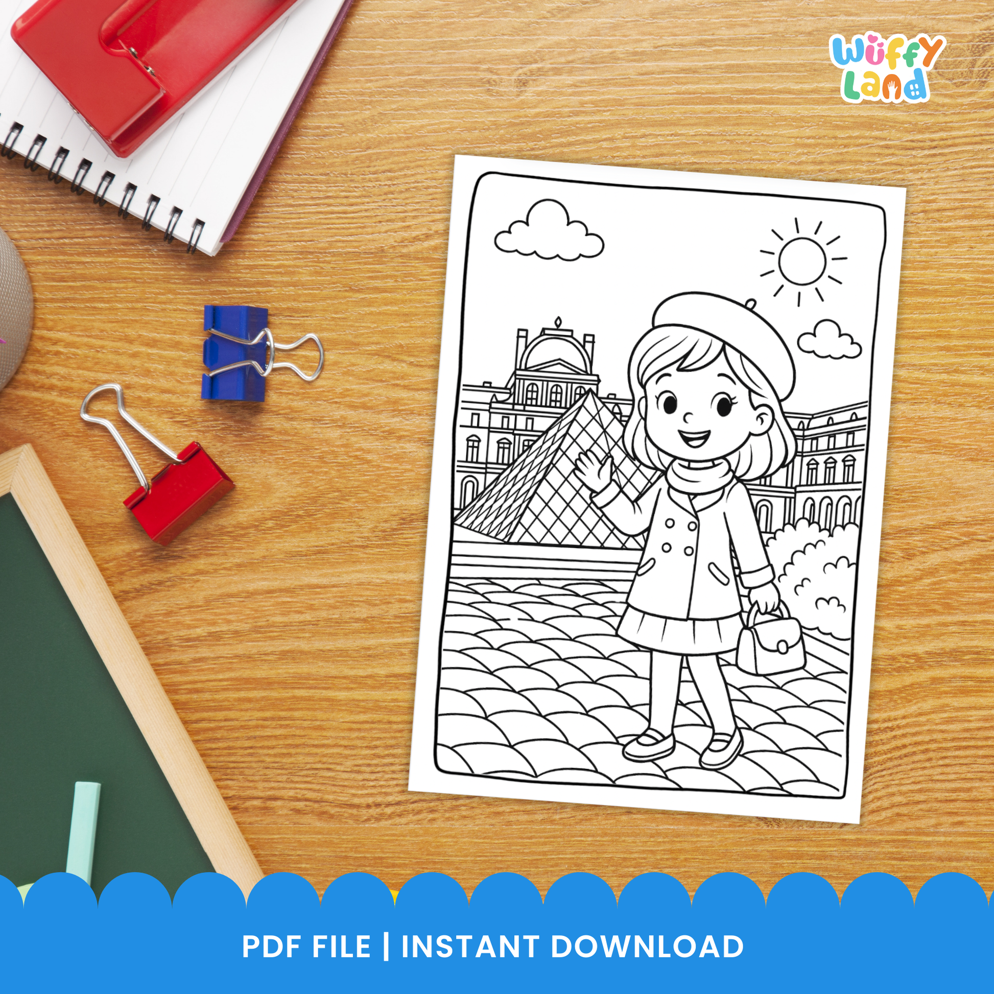 Black-and-white printable coloring pages featuring children in Paris, including a boy near a river with historic buildings, two girls having a picnic near the Eiffel Tower, and a girl standing in front of the Louvre pyramid