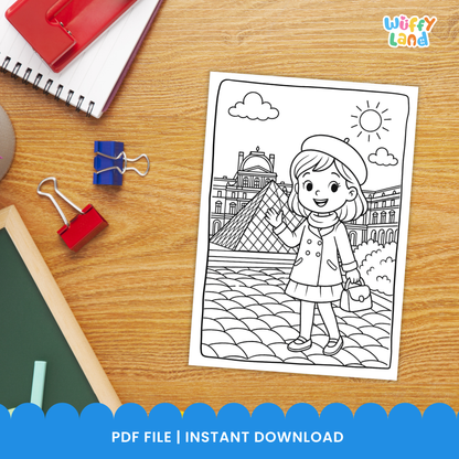Black-and-white printable coloring pages featuring children in Paris, including a boy near a river with historic buildings, two girls having a picnic near the Eiffel Tower, and a girl standing in front of the Louvre pyramid