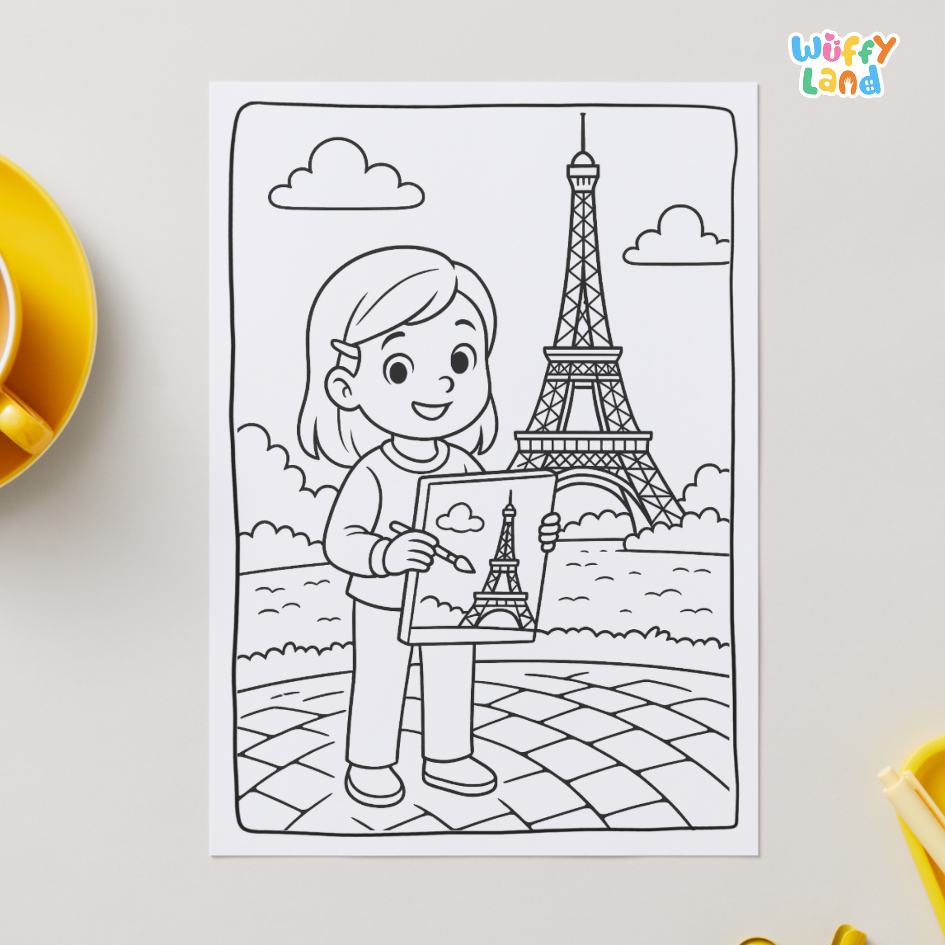 Black-and-white printable coloring pages featuring children in Paris, including a boy near a river with historic buildings, two girls having a picnic near the Eiffel Tower, and a girl standing in front of the Louvre pyramid
