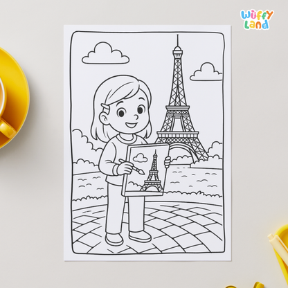 Black-and-white printable coloring pages featuring children in Paris, including a boy near a river with historic buildings, two girls having a picnic near the Eiffel Tower, and a girl standing in front of the Louvre pyramid