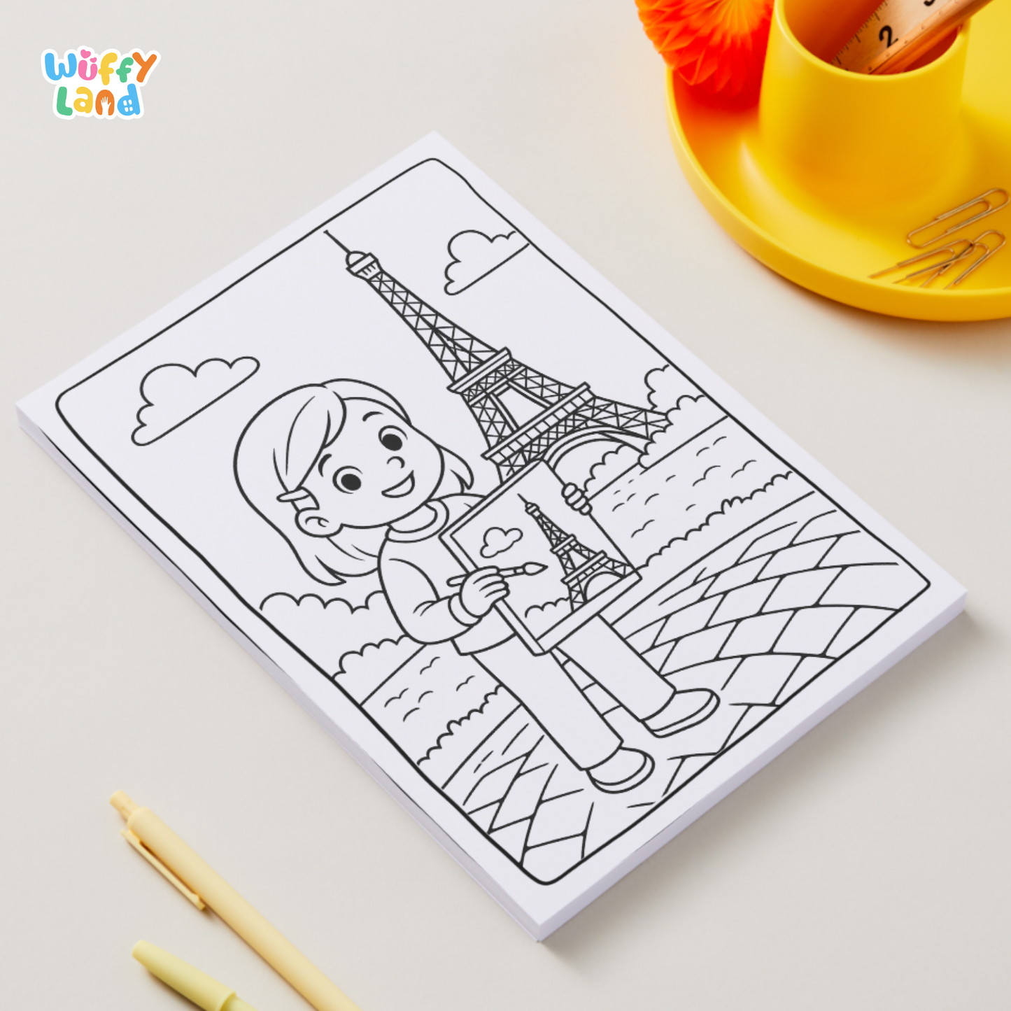 Black-and-white printable coloring pages featuring children in Paris, including a boy near a river with historic buildings, two girls having a picnic near the Eiffel Tower, and a girl standing in front of the Louvre pyramid