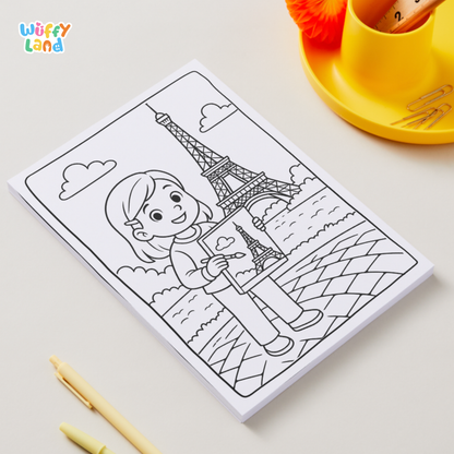 Black-and-white printable coloring pages featuring children in Paris, including a boy near a river with historic buildings, two girls having a picnic near the Eiffel Tower, and a girl standing in front of the Louvre pyramid