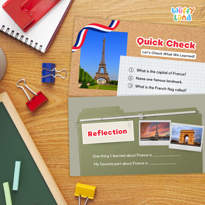 A children's educational French learning poster set from Wiffly Land, displayed on a wooden desk alongside school supplies like a spiral notebook, binder clips, chalk, and a green board. The set includes a 'Quick Check' worksheet with Eiffel Tower images and a 'Reflection' section with writing prompts.