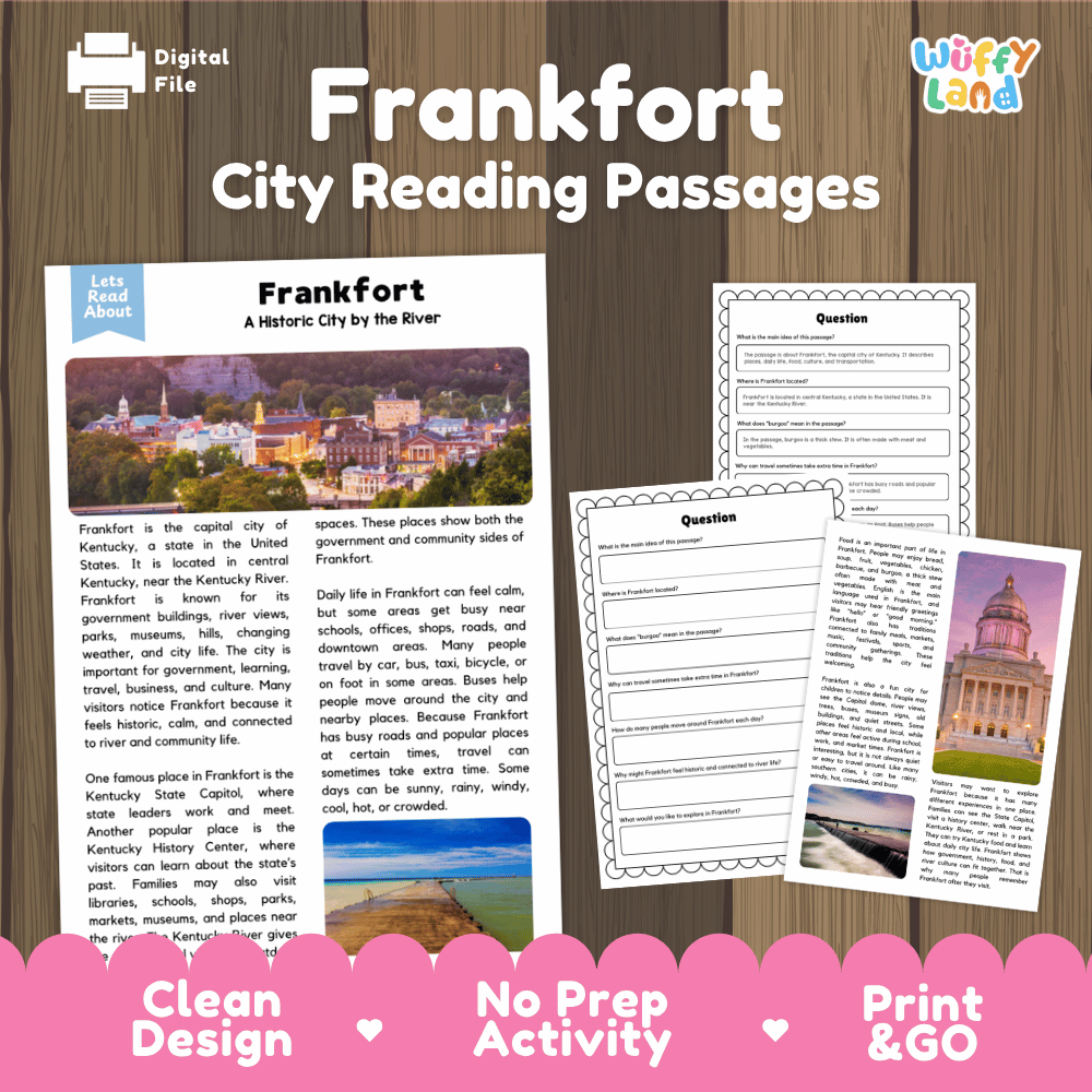 Frankfort city reading passages and comprehension worksheet educational unit featuring nonfiction text and authentic Frankfort Kentucky skyline and river photography