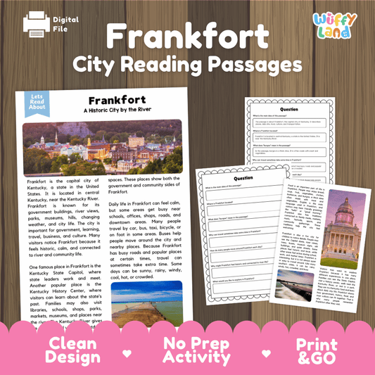 Frankfort city reading passages and comprehension worksheet educational unit featuring nonfiction text and authentic Frankfort Kentucky skyline and river photography