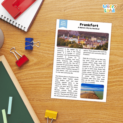 Lined reading comprehension question worksheet covering main ideas vocabulary terms and landmark facts about Frankfort Kentucky