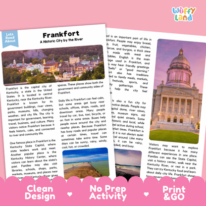 Reference sheet and answer key for Frankfort landmark reading passage displaying completed comprehension answers and United States geography facts