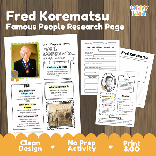 Fred Korematsu biography research worksheets pack featuring graphic organizers, timeline activity, and student writing template