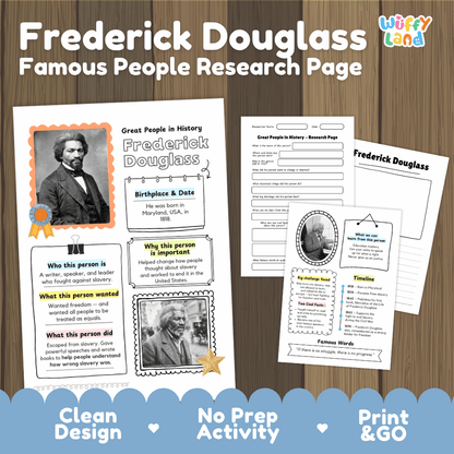 Printable research page set about Frederick Douglass, shown on a wood background with promotional text. The design includes a portrait photo, text boxes, a timeline, and a famous words section, with a 'Wiffy Land' logo in the top right.