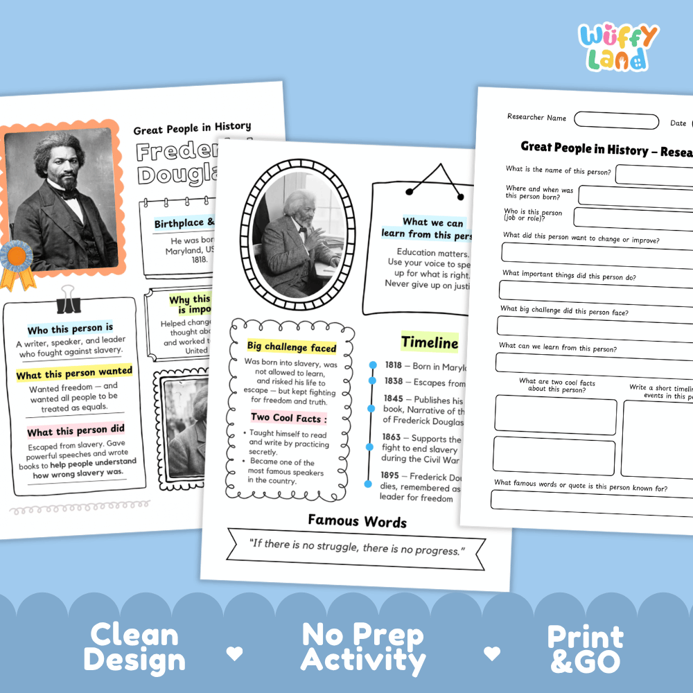 Educational worksheet bundle cover featuring three printable activity pages for Great People in History, shown on a white background with decorative blue and pink accents and the text 'Clean Design', 'No Prep Activity', and 'Print & Go'.