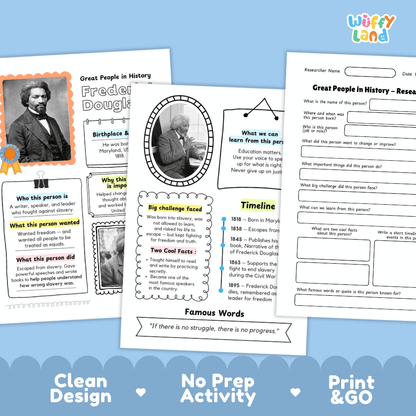 Educational worksheet bundle cover featuring three printable activity pages for Great People in History, shown on a white background with decorative blue and pink accents and the text 'Clean Design', 'No Prep Activity', and 'Print & Go'.