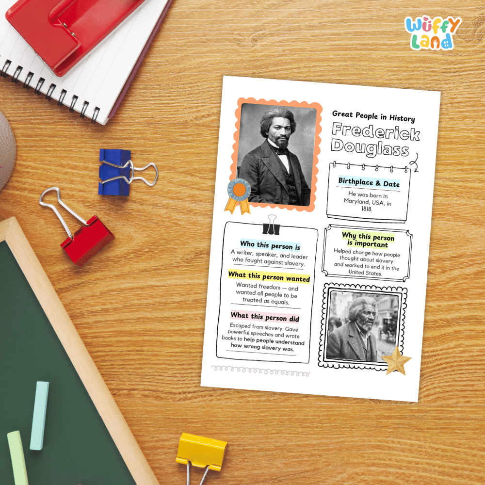 A children's educational worksheet about Frederick Douglass lies on a wooden desk, surrounded by school supplies including a spiral notebook, binder clips, chalk, and a green board. The worksheet features a portrait of Frederick Douglass and text boxes about his life and contributions.