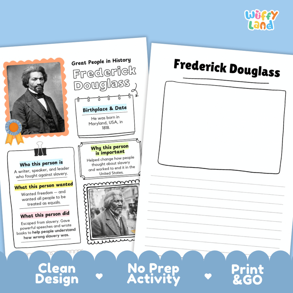 Two printable educational activity sheets about Frederick Douglass displayed on a light blue background. The left sheet is a reading/analysis page with a portrait, headings, and text boxes, and the right sheet is a writing activity page with a large blank box labeled 'Frederick Douglass.