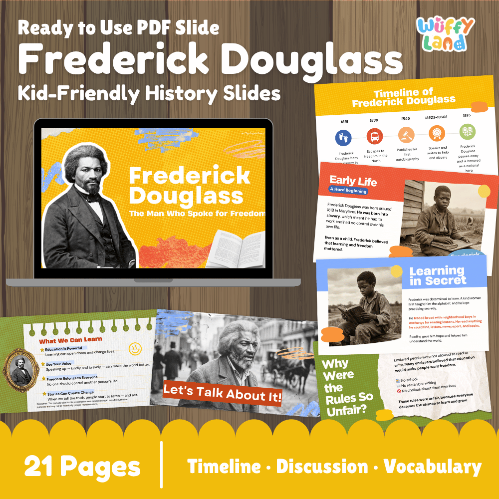 Promotional graphic for a kid-friendly history PDF slide set about Frederick Douglass, showing multiple colorful slide thumbnails arranged around a laptop mockup on a wood background. Text reads 'Ready to Use PDF Slide', 'Frederick Douglass', 'Kid-Friendly History Slides', and '21 Pages | Timeline · Discussion · Vocabulary'.