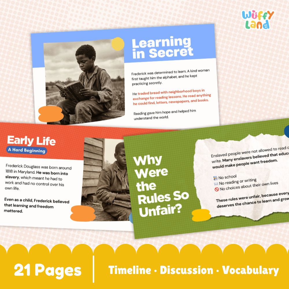 Educational poster set titled 'Wuffy Land' featuring three colorful historical timeline pages about Frederick Douglass: 'Learning in Secret,' 'Early Life,' and 'Why Were the Rules So Unfair?'. The pages include text, photos, and colored timeline bars, with a yellow banner at the bottom reading '21 Pages | Timeline | Discussion | Vocabulary'.