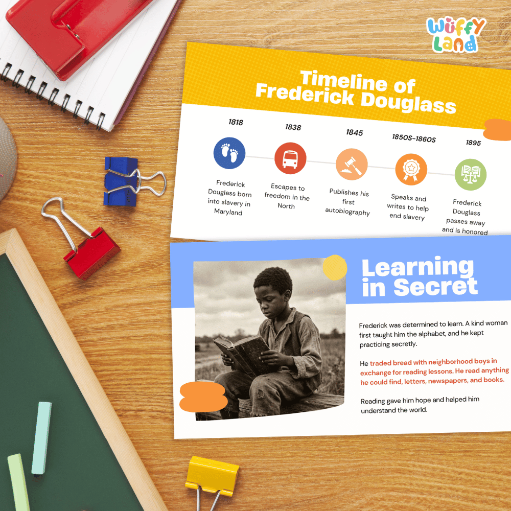 An educational poster titled 'Timeline of Frederick Douglass' displayed on a wooden desk with school supplies including a notebook, binder clips, a chalkboard, and a red notebook.
