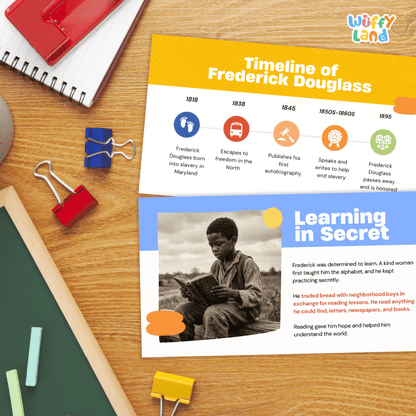 An educational poster titled 'Timeline of Frederick Douglass' displayed on a wooden desk with school supplies including a notebook, binder clips, a chalkboard, and a red notebook.