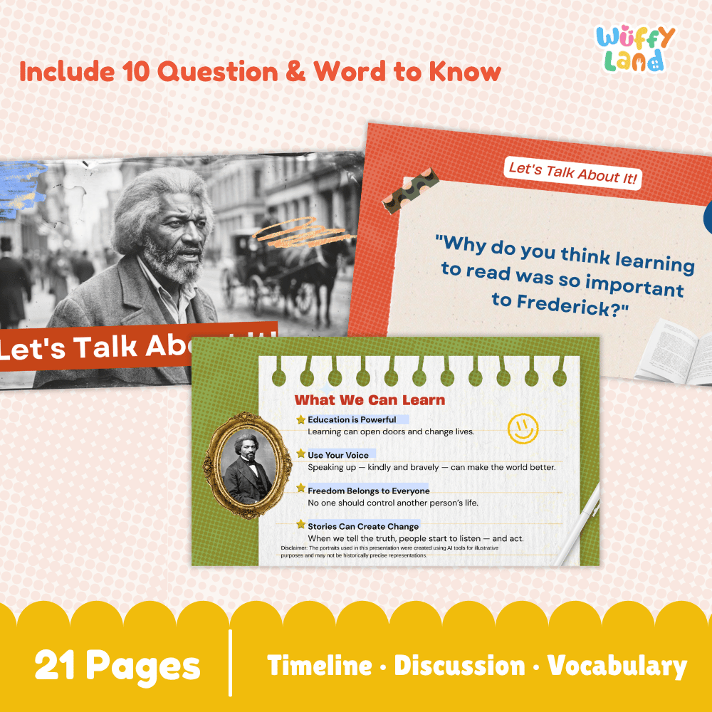 Promotional graphic for an educational book or activity set titled 'Let's Talk About History' by Wuffy Land. The design shows overlapping pages with text about learning to read, a portrait of Frederick Douglass, and a yellow banner at the bottom reading '21 Pages | Timeline | Discussion | Vocabulary'.