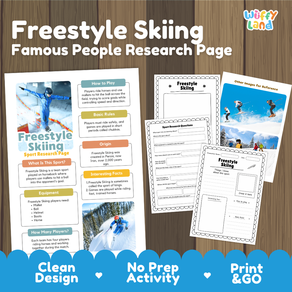 A product listing graphic for a 'Freestyle Skiing Famous People Research Page' educational activity sheet by 'Wiffly Land'. The graphic shows three mockups of the printed white activity sheets with colorful text boxes, sports photos, and black-and-white outline templates, set against a dark wood background with a blue banner at the bottom highlighting key features.