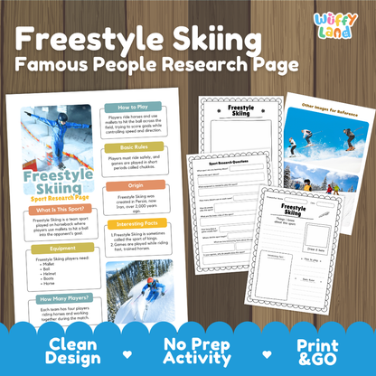 A product listing graphic for a 'Freestyle Skiing Famous People Research Page' educational activity sheet by 'Wiffly Land'. The graphic shows three mockups of the printed white activity sheets with colorful text boxes, sports photos, and black-and-white outline templates, set against a dark wood background with a blue banner at the bottom highlighting key features.