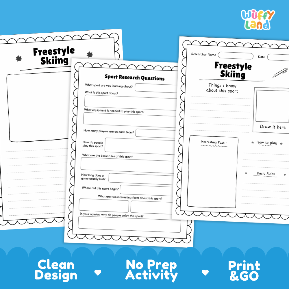 Three printable worksheet pages for freestyle skiing activity planning are shown on a bright blue background. The pages are white with black outlines and text fields, including headings like 'Freestyle Skiing' and 'Sport Research Questions.