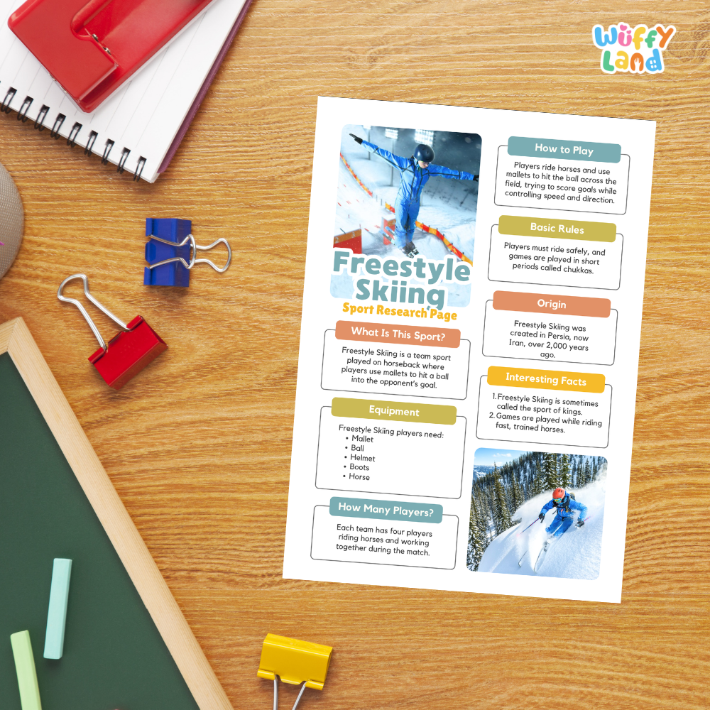 A printed educational poster about freestyle skiing lies on a wooden desk, surrounded by school supplies including a spiral notebook, blue and red binder clips, a green chalkboard, and a yellow pencil. The poster has colorful text blocks and small ski photos.