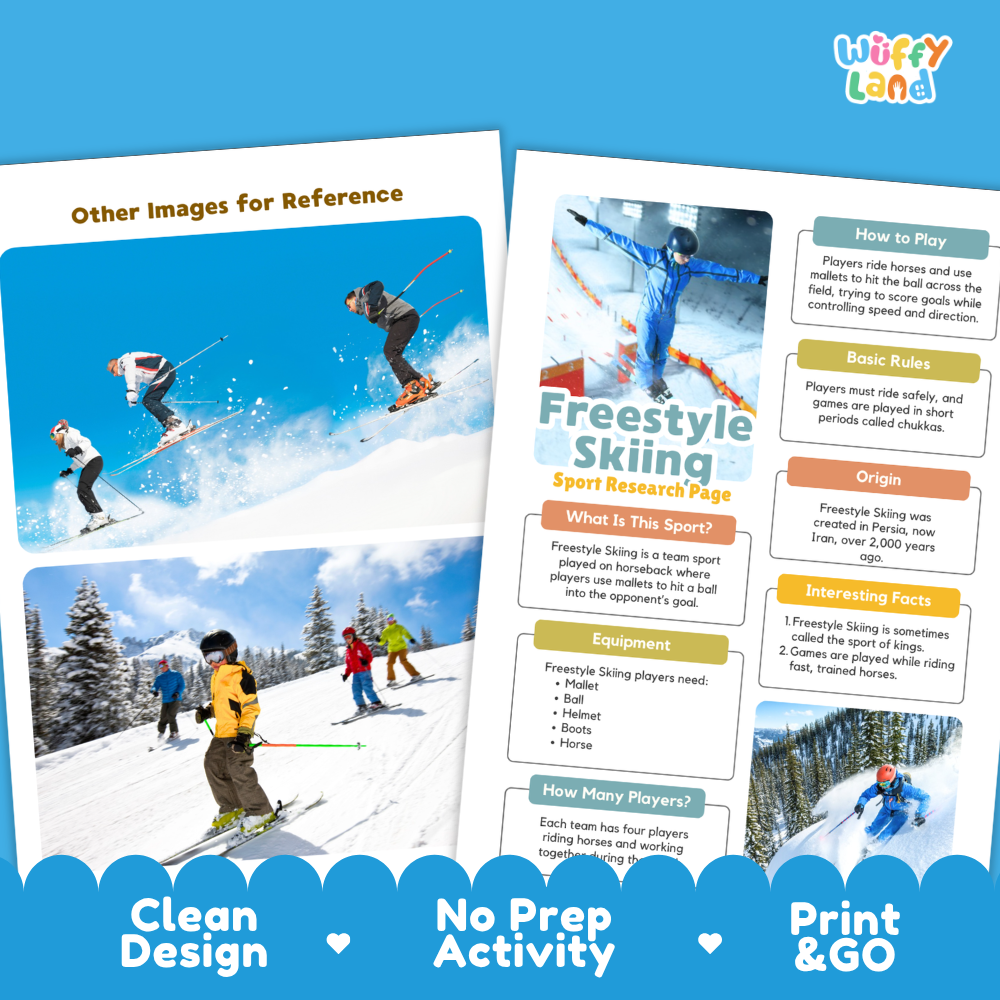 Two printed activity sheets for freestyle skiing displayed on a blue background with promotional text reading 'Other Images for Reference,' 'Clean Design,' 'No Prep Activity,' and 'Print & GO.' The sheets contain photos of skiers, rule boxes, and fact panels about freestyle skiing.