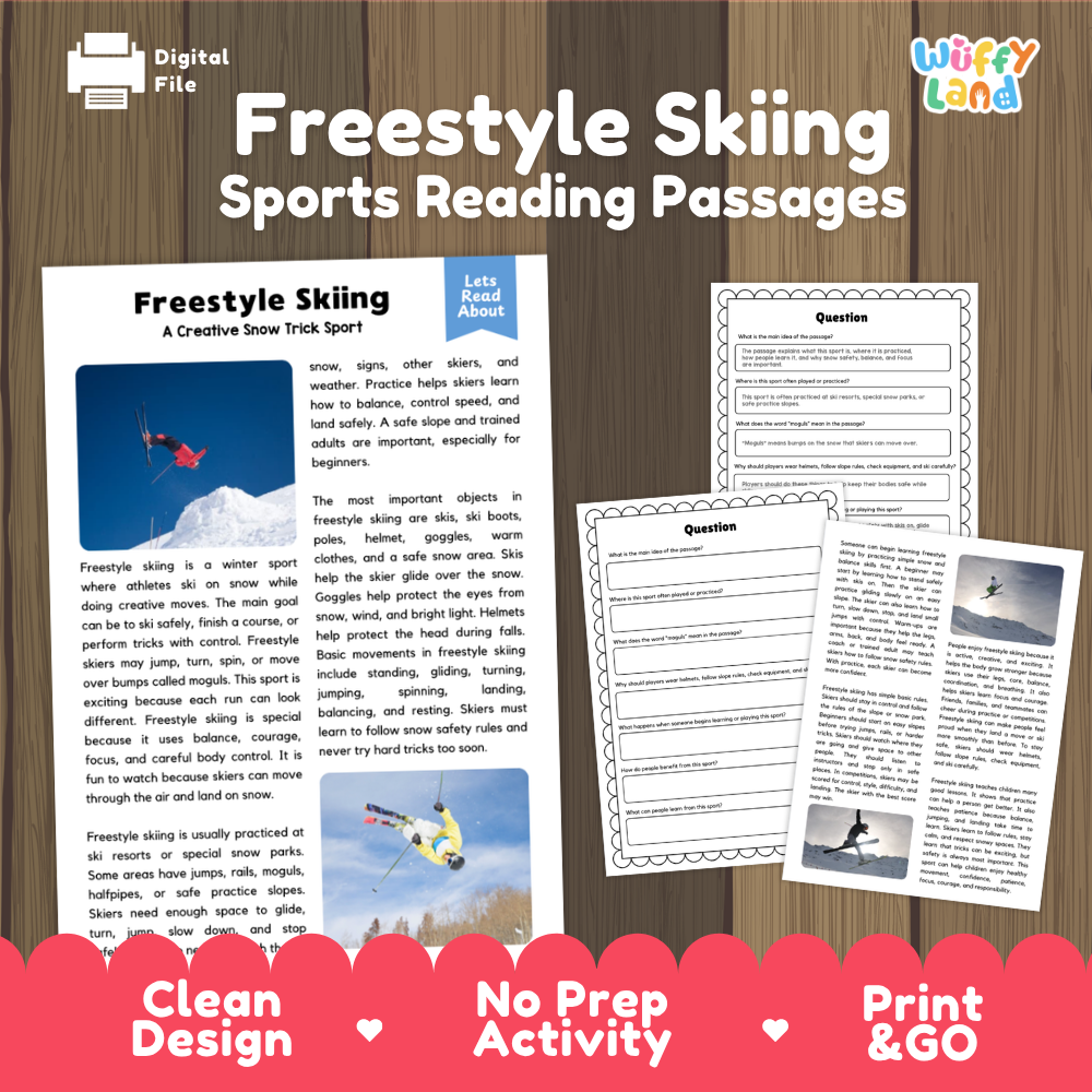 Freestyle Skiing Sports Reading Passages and Comprehension Questions Worksheets