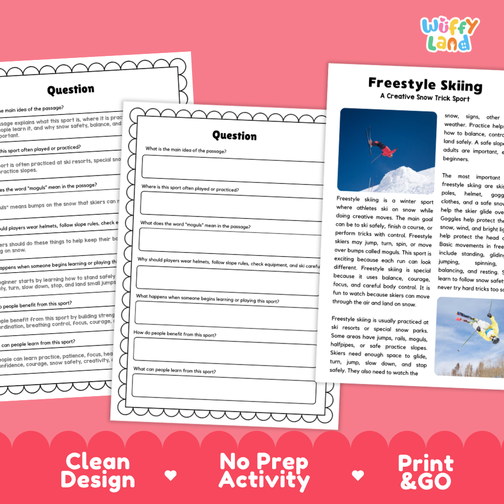 Three printable worksheet pages for a Freestyle Skiing activity are shown on a white background with a pink banner at the bottom reading 'Clean Design', 'No Prep Activity', and 'Print & GO'. The top right corner shows the brand name 'Wiffly Land'.