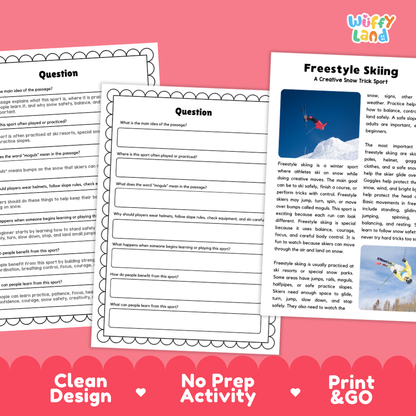 Three printable worksheet pages for a Freestyle Skiing activity are shown on a white background with a pink banner at the bottom reading 'Clean Design', 'No Prep Activity', and 'Print & GO'. The top right corner shows the brand name 'Wiffly Land'.