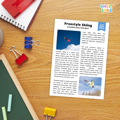 A printed educational poster titled 'Freestyle Skiing: A Creative Snow Trek Sport' with text and small ski photos, placed on a wooden desk beside a red spiral notebook, blue binder clips, and a green folder. The 'Wiffly Land' logo appears in the top right corner.